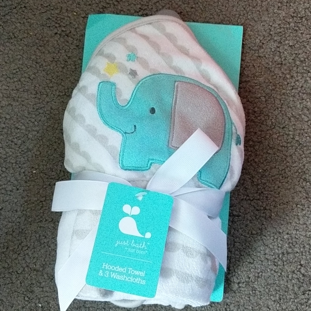 Infant Hooded Elephant Towel & 3 Washcloths * New